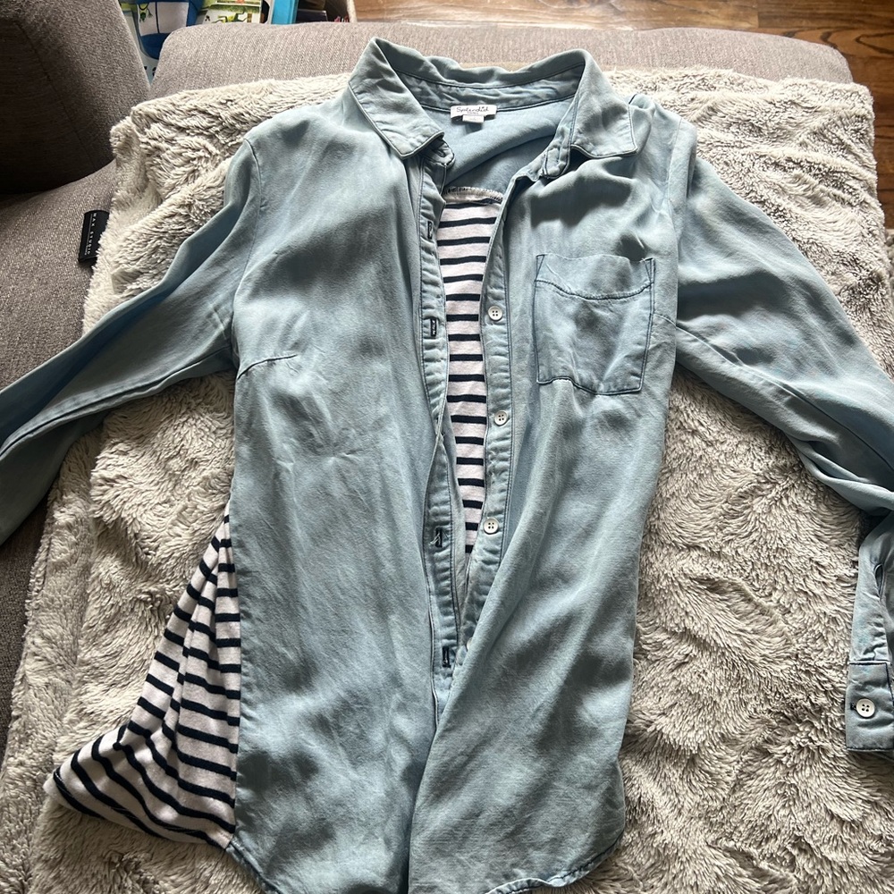 Light Blue Button-Up Shirt with Striped Inner Layer